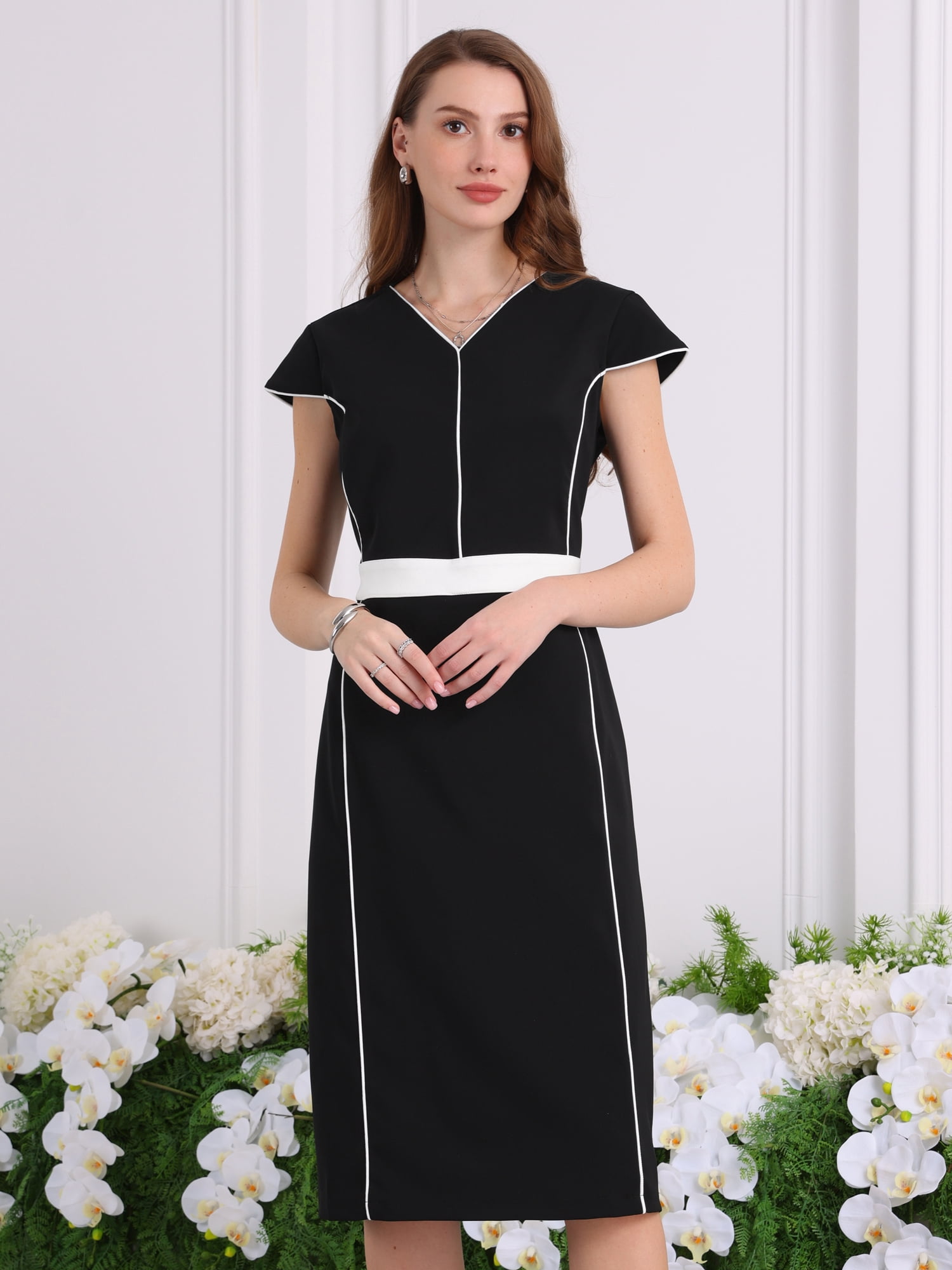 DARING DIVA Formal Knee Length Cap Sleeve Sheath Dress L Black