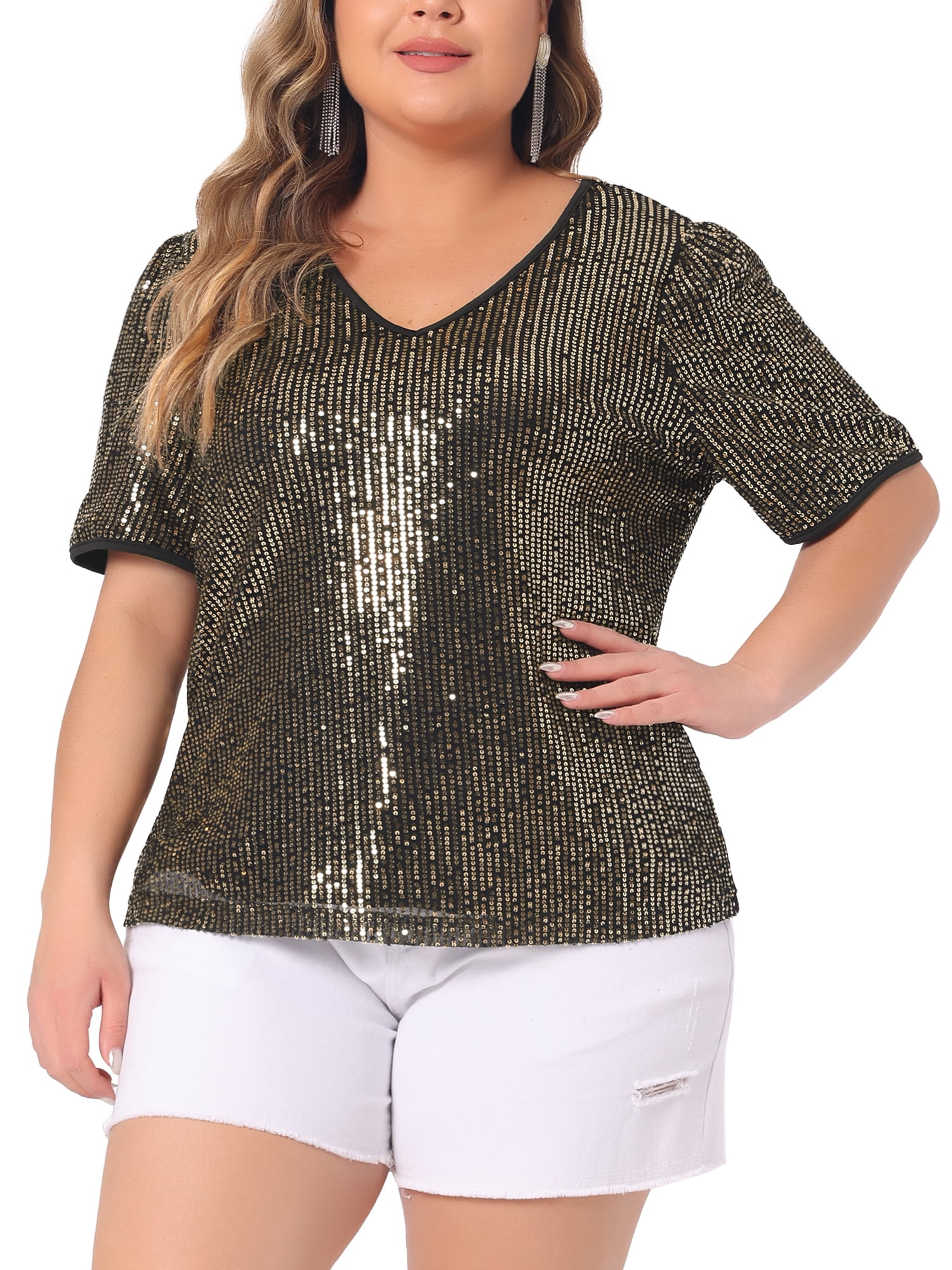 DARING DIVA Women's Plus Sparkly V Neck Short Sleeve Party Tops Blouses 1X Gold