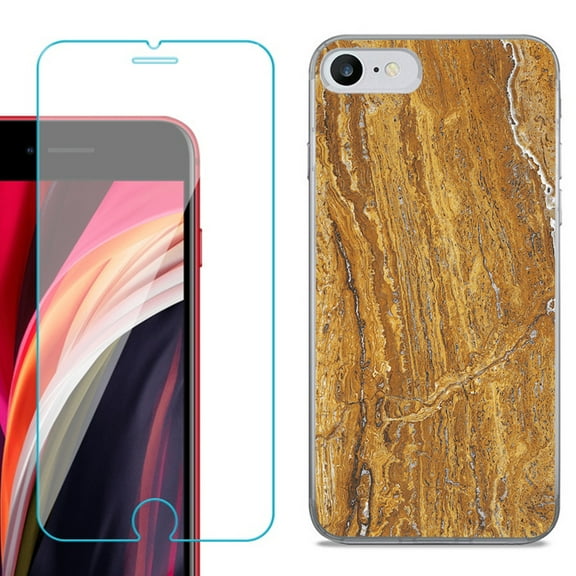 Slim-Fit Fashion Gel Phone Case for iPhone SE 2022, with Tempered Glass Screen Protector, by OneToughShield ® - Marble / Earth