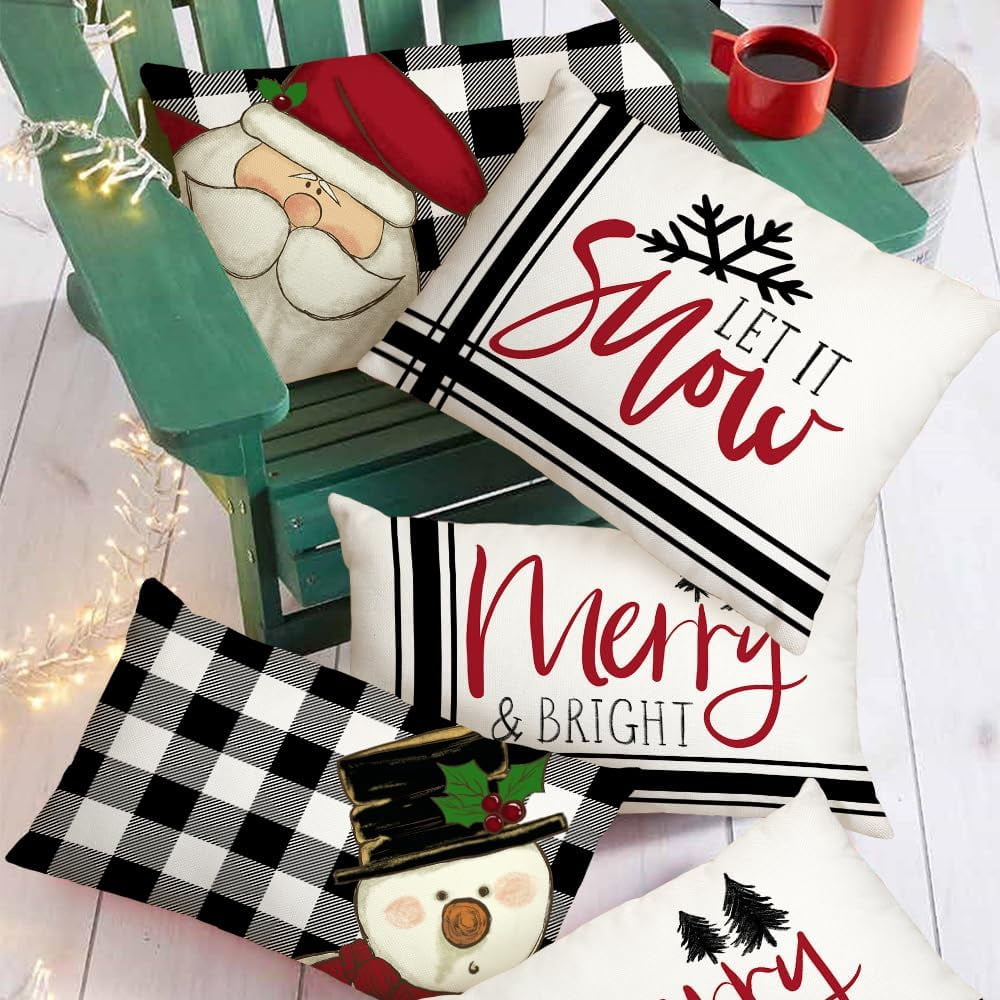 Christmas Decorative Pillow Covers 12 x 20 Inch Set of 4, Buffalo Plaid Santa Claus Snowman Let it Snow Holiday Farmhouse Cushion Cases Xmas Decoration for Home Party Sofa Couch GA436-12