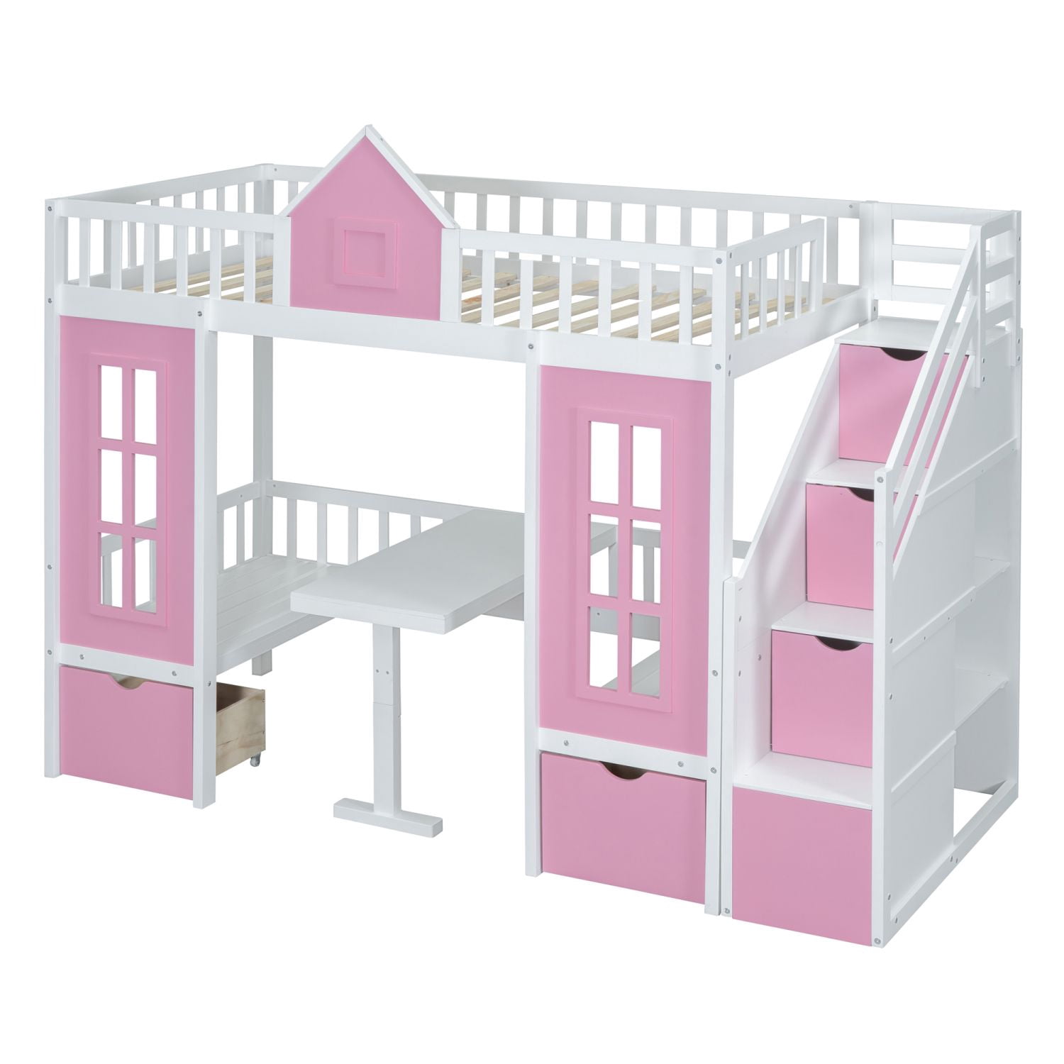 Twin-Over-Twin Bunk Bed with Changeable Table, Convertible Wood Bunk Bed with Desk, Space-Saving Bedroom Furniture for Kids