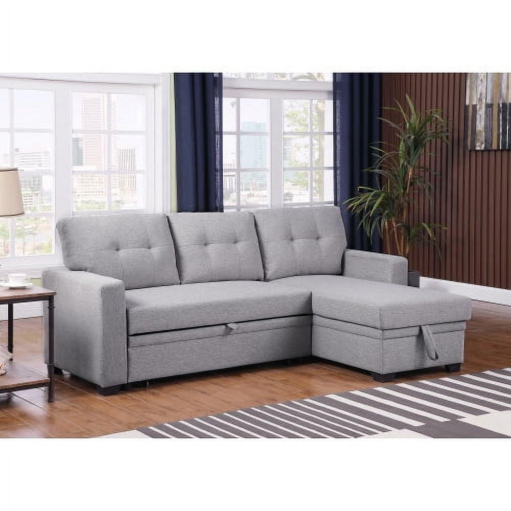 BSHTI Light Gray Linen Sectional Pull Out Sleeper Sofa Bed with Storage Chaise for Living Room, L-Shaped Couch with Ottoman, 3-Seat Sleeper Sofa Modern Style Wood Frame Sofa Couch