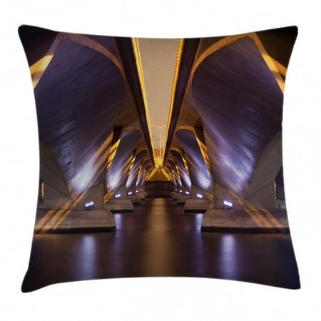 Ancient Decor Throw Pillow Cushion Cover, Sci Fi Style Asian Ethnic Modern Road Tunnel Urban Light Show City Image, Decorative Square Accent Pillow Case, 16 X 16 Inches, Purple Golden, by