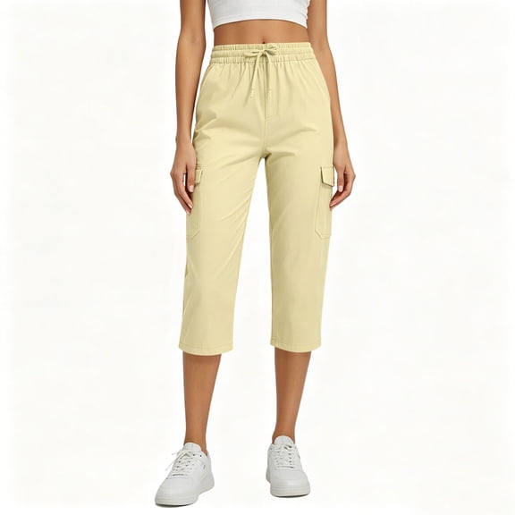 Tqcoqu Women's Cargo Capri Pants with Pockets,Elastic Waist Drawstring Summer Straight Leg Capris,Beige Women's S-XXL