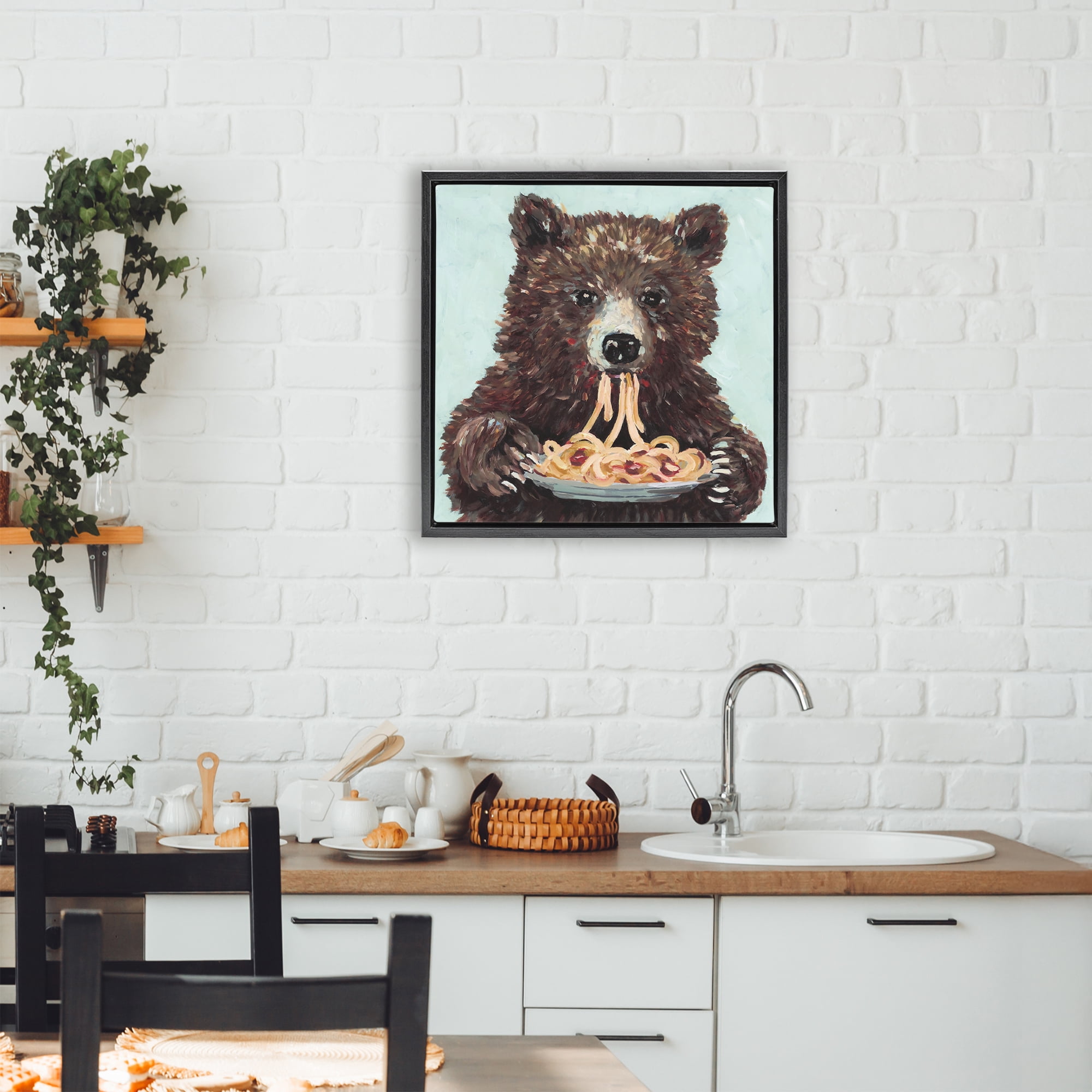 Whimsical Bear & Spaghetti Black Framed Floater Canvas Wall Art, design by Studio Bautista