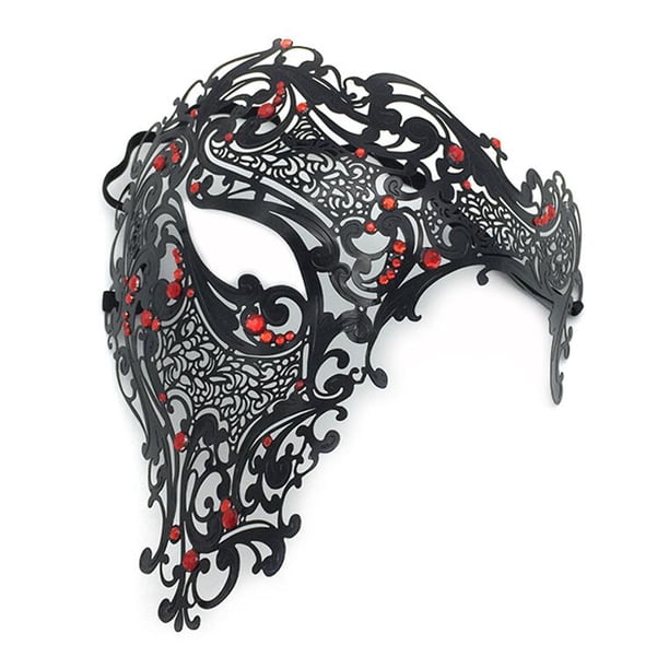 Máscara de metal de calavera de oro negro Diamante de imitación de Halloween Media cara Mascarada veneciana Hombres Mujeres blancas Máscara de fiesta de filigrana de calavera A Gao Jinjia LED