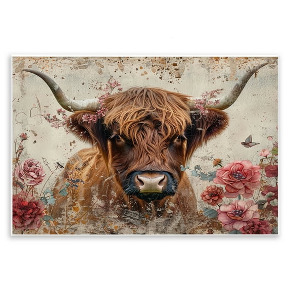 Stupell Industries Highland Cow in Spring Animals Painting Unframed Art Print Wall Art, 15 x 10