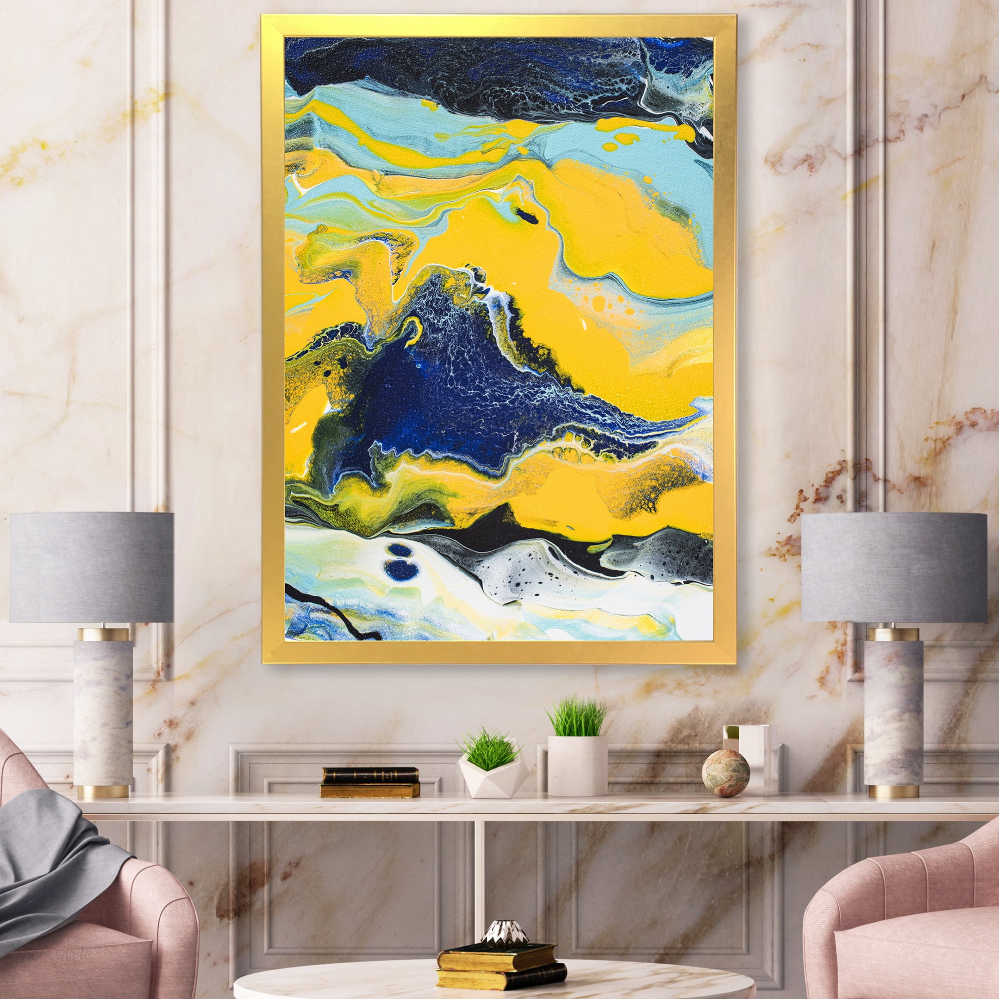 Designart 'Abstract Marble Composition In Blue and Yellow I' Modern Framed Art Print