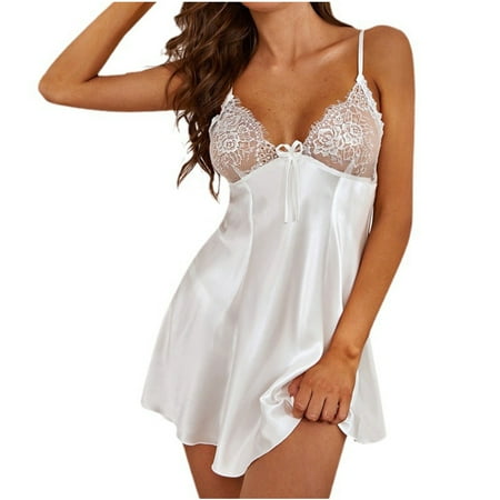 juhao Clearance Womens Satin Nightgown V Neck Lace Chemise Lingerie Sleepwear Spaghetti Strap Elegant Slip Satin Silk Midi Dress for Women