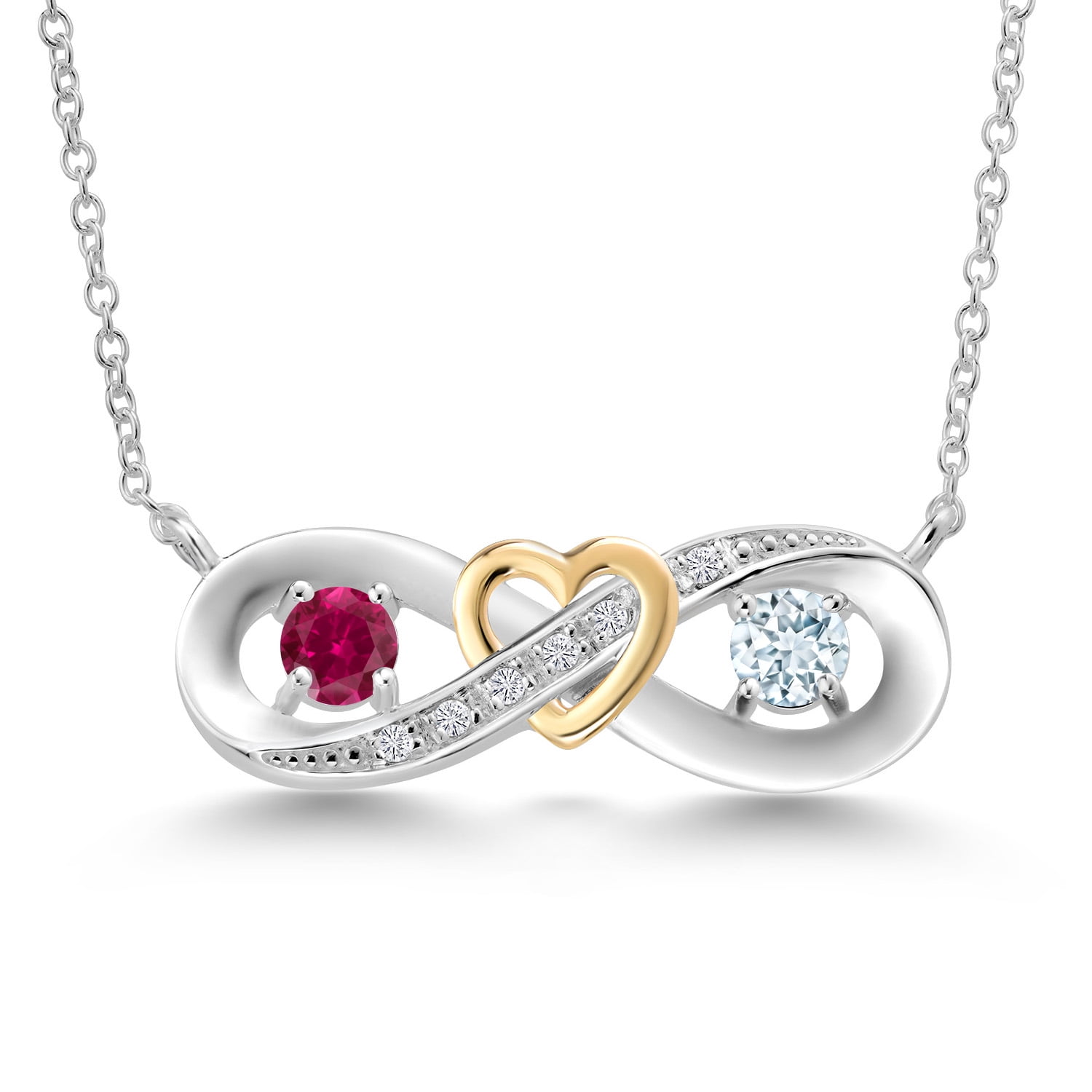 925 Silver and 10K Yellow Gold Red Created Ruby Sky Blue Aquamarine Two-Tone Heart Interlocking Infinity Symbol Lab Grown Diamond Pendant Necklace for Women (0.56 Cttw, with 18 inch Chain)