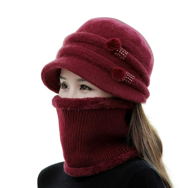 2Pcs/Set Short Brim Solid Color Ear Protection Hat Scarf Set Autumn Winter Women Knitted Plush Lining Cap Neckerchief Set