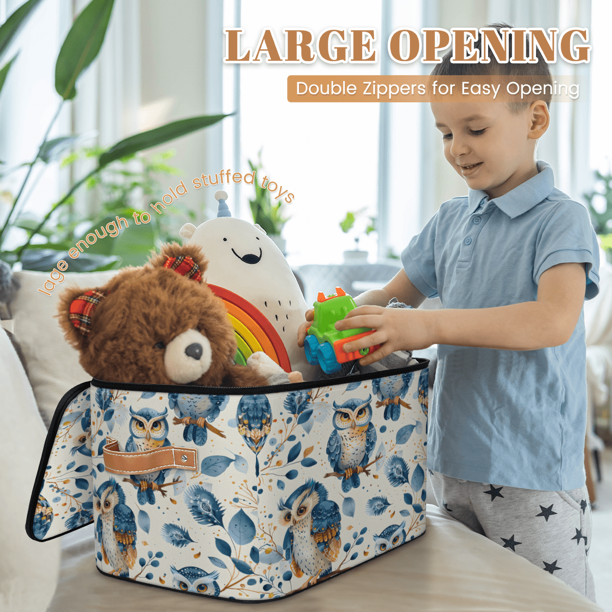 ADECORIVY Cute Owl Storage Bin with Lid Fabric Leaves Blue Foldable Storage Baskets Boxes for Clothes Shelves Closet Organizer Containers with Leather Handles for Wardrobe