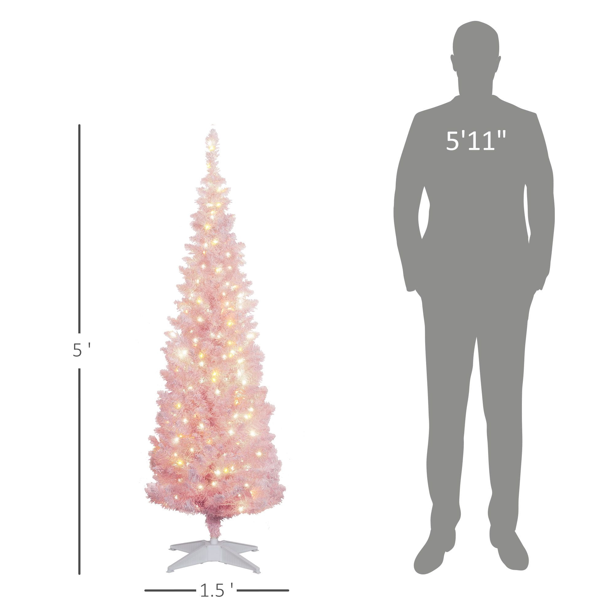 Pencil Christmas Tree, 5 ft Slim Artificial Tree with Snow Flocked Branches and Warm White LED Lights, 294 Tips, 160 Lights, 18.1 in Diameter, 59.1 in Height, Indoor Use