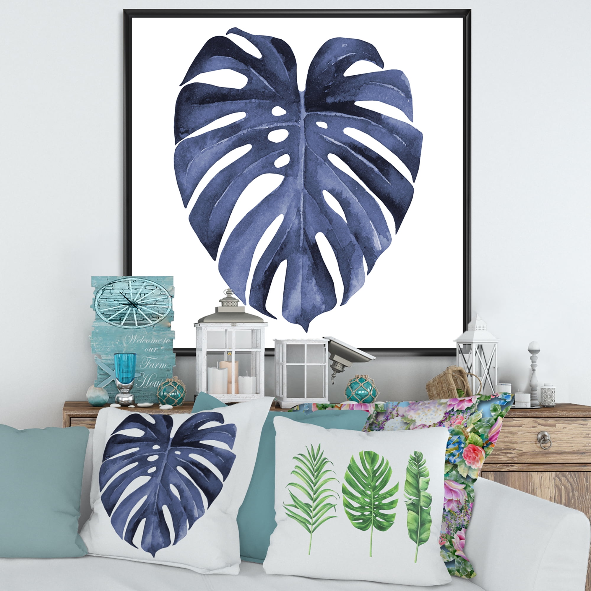 Designart 'Blue Watercolour Tropical Leaves III' Traditional Framed Canvas Wall Art Print
