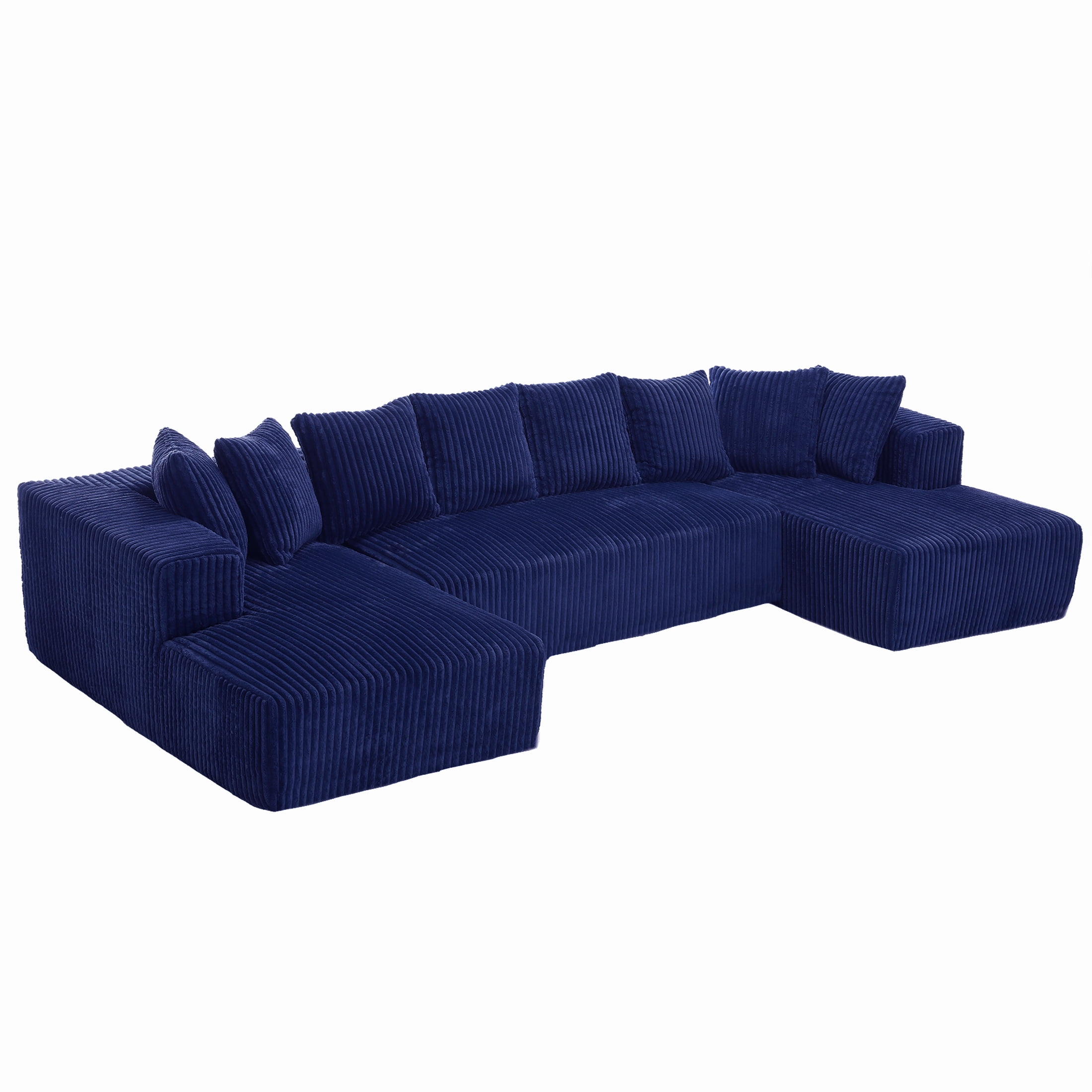 SEENYOO 130" U-Shaped Modular Sectional Sofa Couch 4-Seater Boneless Corduroy Sofa No Assembly Compressed for Living Room Blue