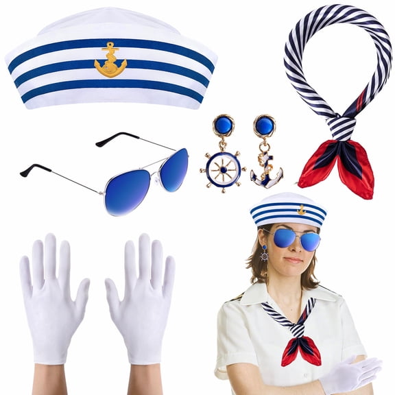 Ebaokuup 5 Pcs Halloween Sailor Hat & Scarf Set with Accessories for Women Men