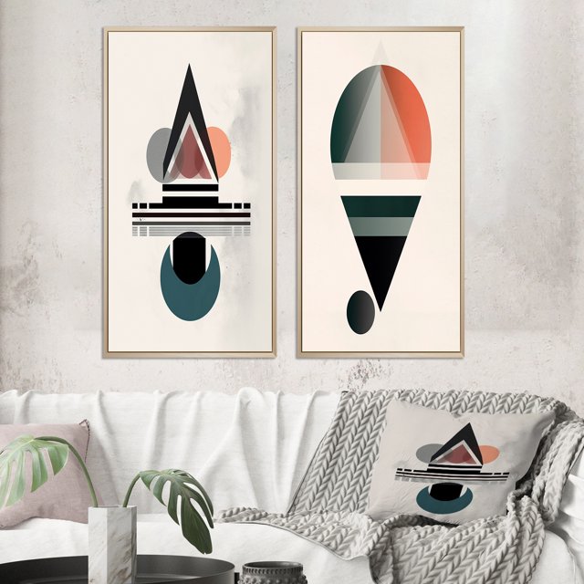 Designart "Visionary Retro Moon in Geometric Minimalism III" Transitional Framed Wall Art Set Of 2 - Abstract Pink Framed Wall Art Set Of 2