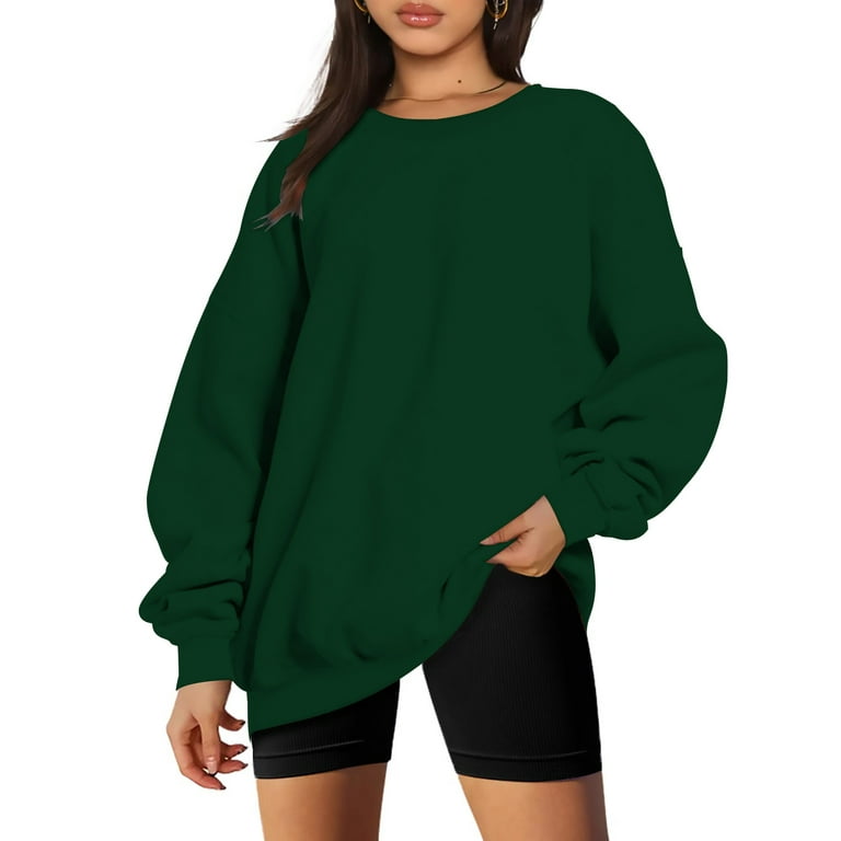RQYYD Women's Oversized Fleece Sweatshirts Long Sleeve Crew Neck Pullover  Sweatshirt Solid Color Casual Loose Hoodies Tops (Dark Green,XL)