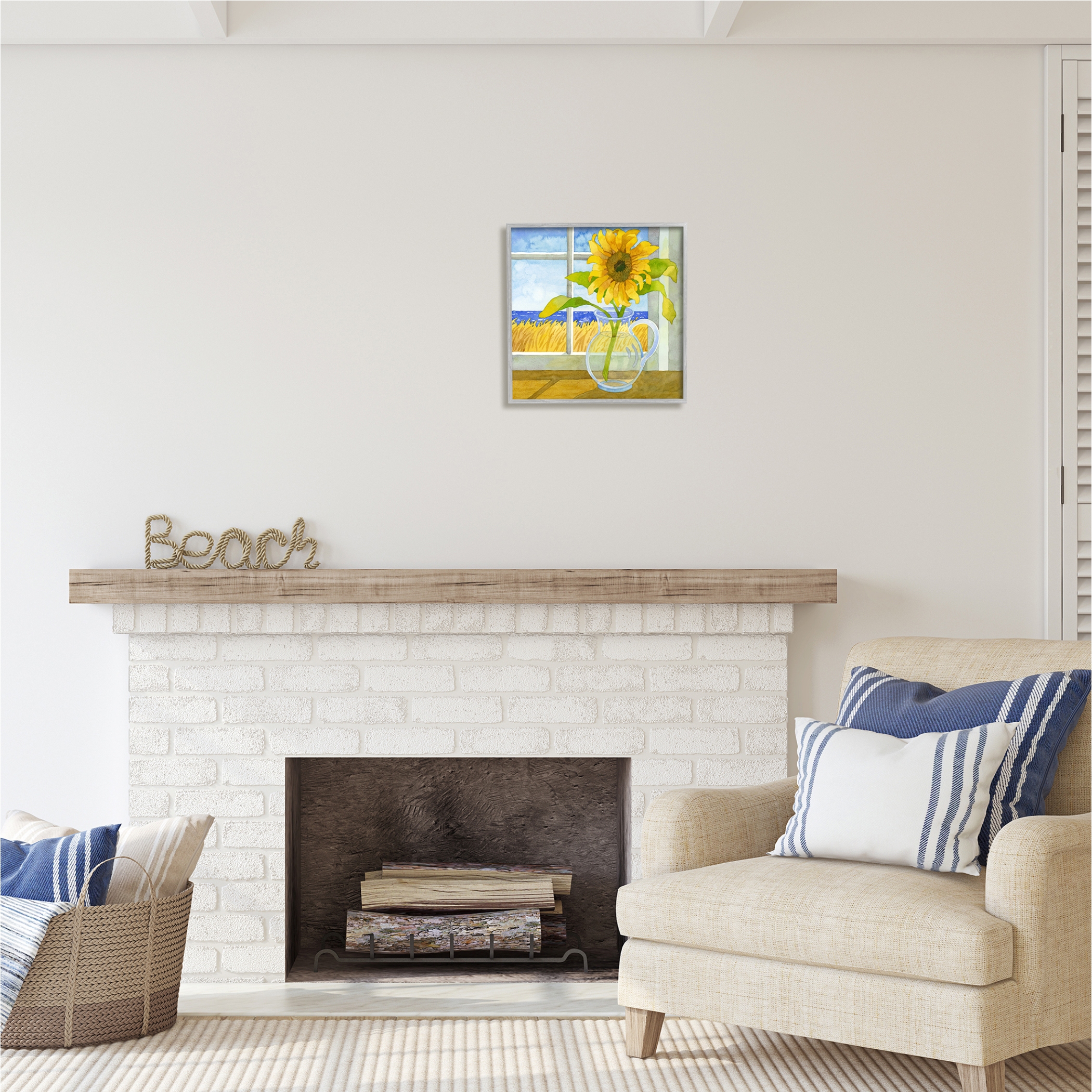 Stupell Industries Sunflower in Coastal Window Botanical & Floral Painting Gray Framed Art Print Wall Art, 17 x 17