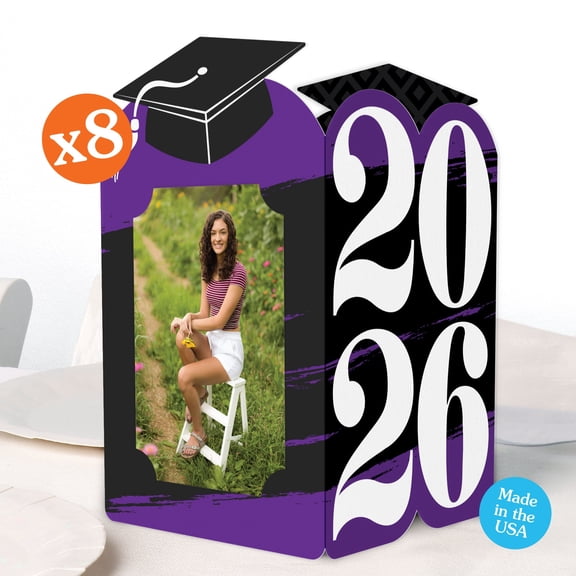 Big Dot of Happiness Purple 2026 Graduation Photo Holder Centerpieces, 4x6 Picture Display Box, Table Decoration Centerpiece for Purple Grad Party Decor, 8 Count