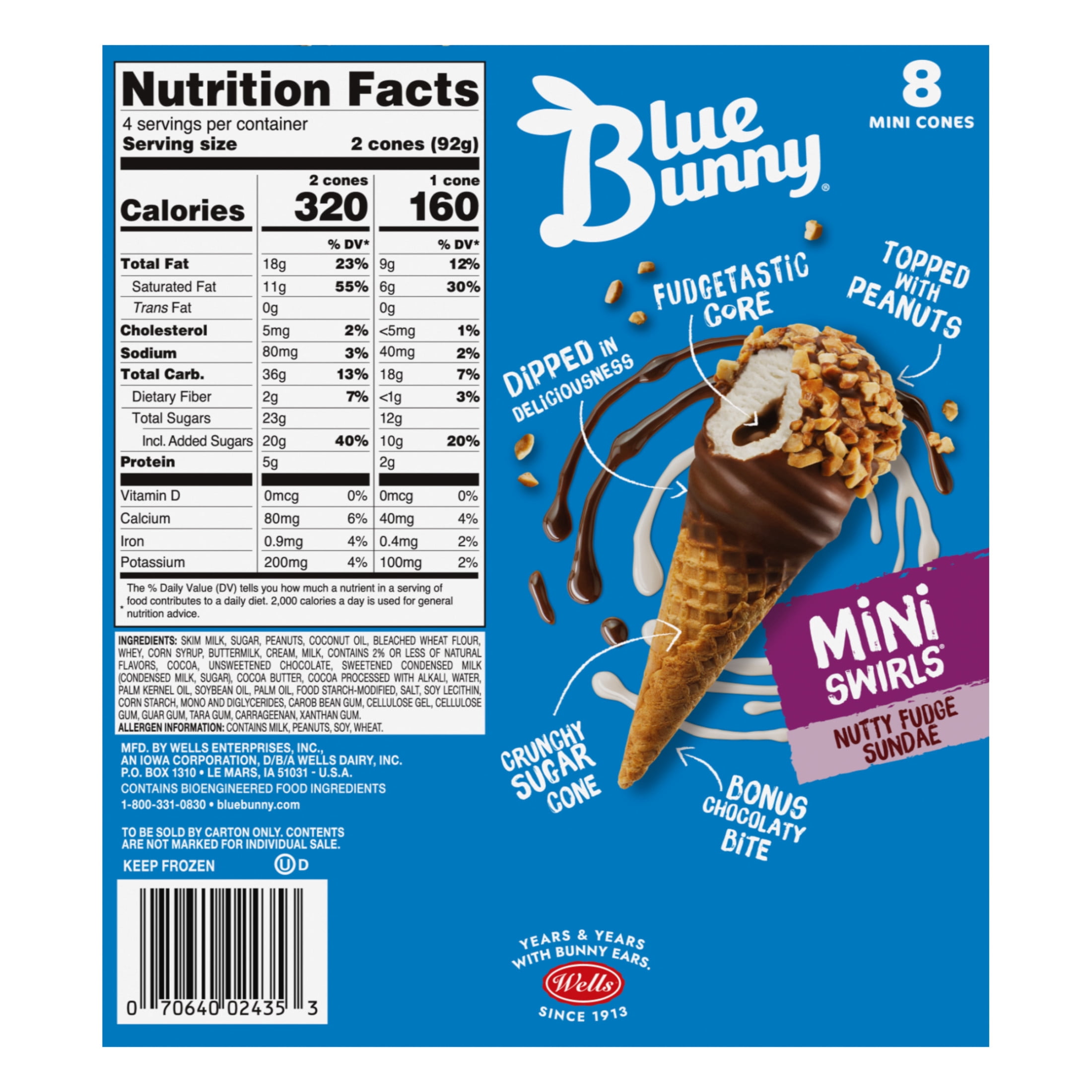 Blue Bunny Mini Swirls Nutty Fudge Sundae Cones Frozen Dessert, 8 Pack