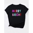 thumbnail image 2 of Camiseta negra para mujer con estampado de letras coloridas "Feliz y Brillante". Camiseta informal y elegante de manga corta con cuello redondo. Algodón transpirable. Lavable a máquina. Perfecta para, 2 of 7