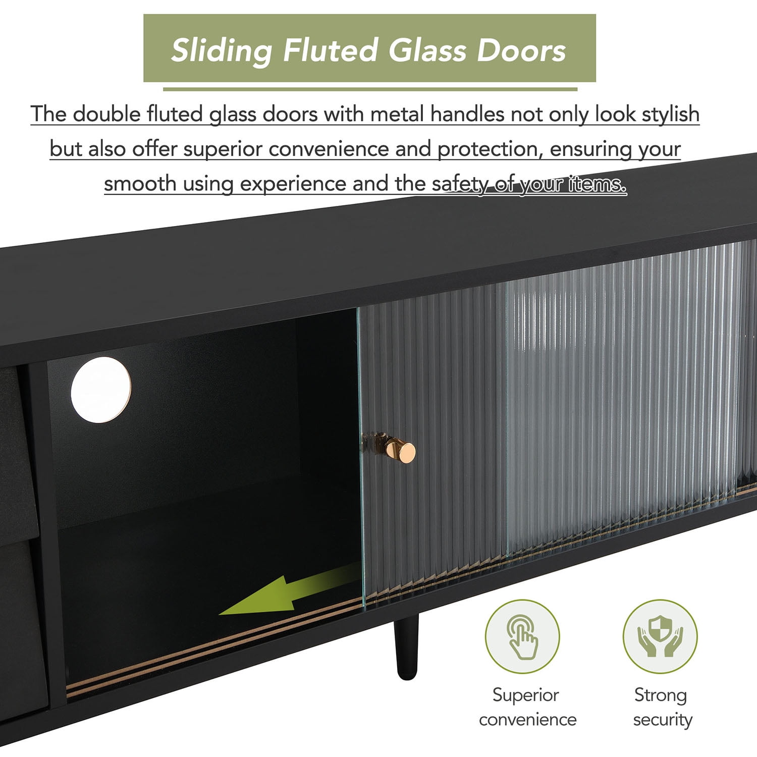 Kadyn MDF TV Stand, Entertainment Center TV Console with Sliding Fluted Glass Doors for TVs Up to 70", Black