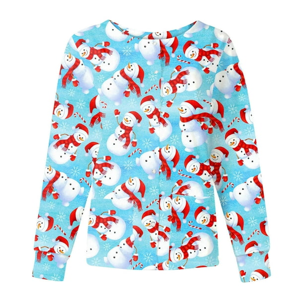 Cárdigan Navideño Para Mujer, Camisetas de Manga Larga, Túnica de Cuello Redondo Con Estampado Informal, Uniforme de Trabajo Con Blusa de Bolsillo Odeerbi ODB190992