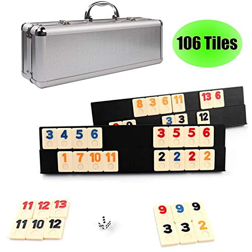 KAILE Jeu de 106 Tuiles de Rami, Ensembles de Cubes de Rami Jeu de Voyage Couleur Durable avec Étui en Aluminium et 4 Plateaux Antidérapants Durables pour Enfants et Familles