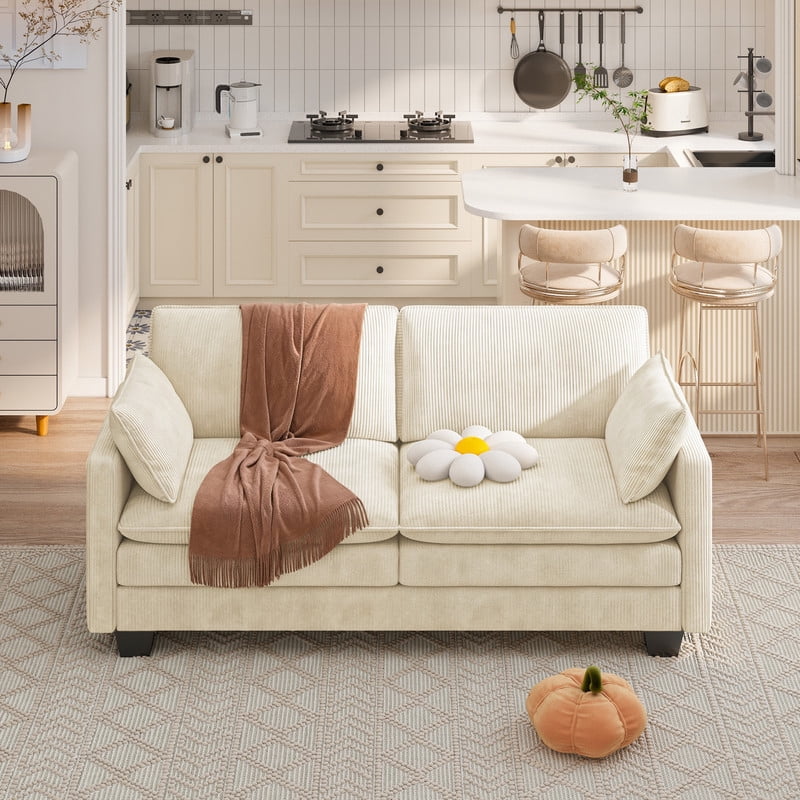 2-Seater Cloud-Like Loveseat Sofa - Double-Layer Upholstered Cushions, Pet-Friendly Corduroy Couch for Bedroom, Living Room & Apartment, Beige