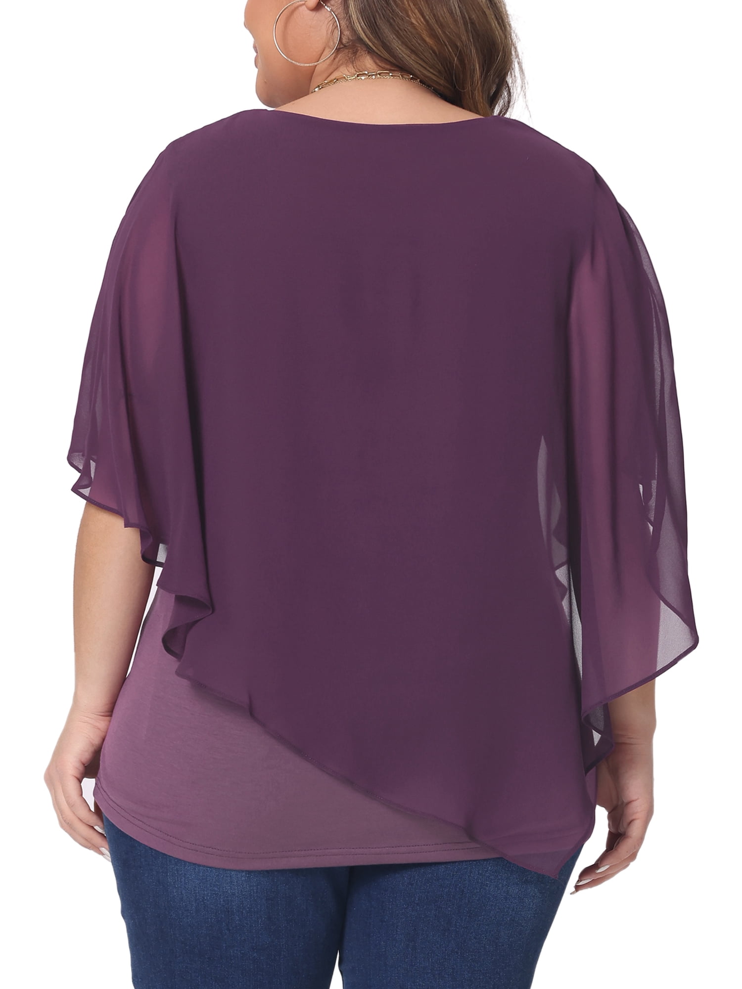 DARING DIVA Women's Plus V Neck Flowy Double Layered Chiffon Blouse 3X Purple