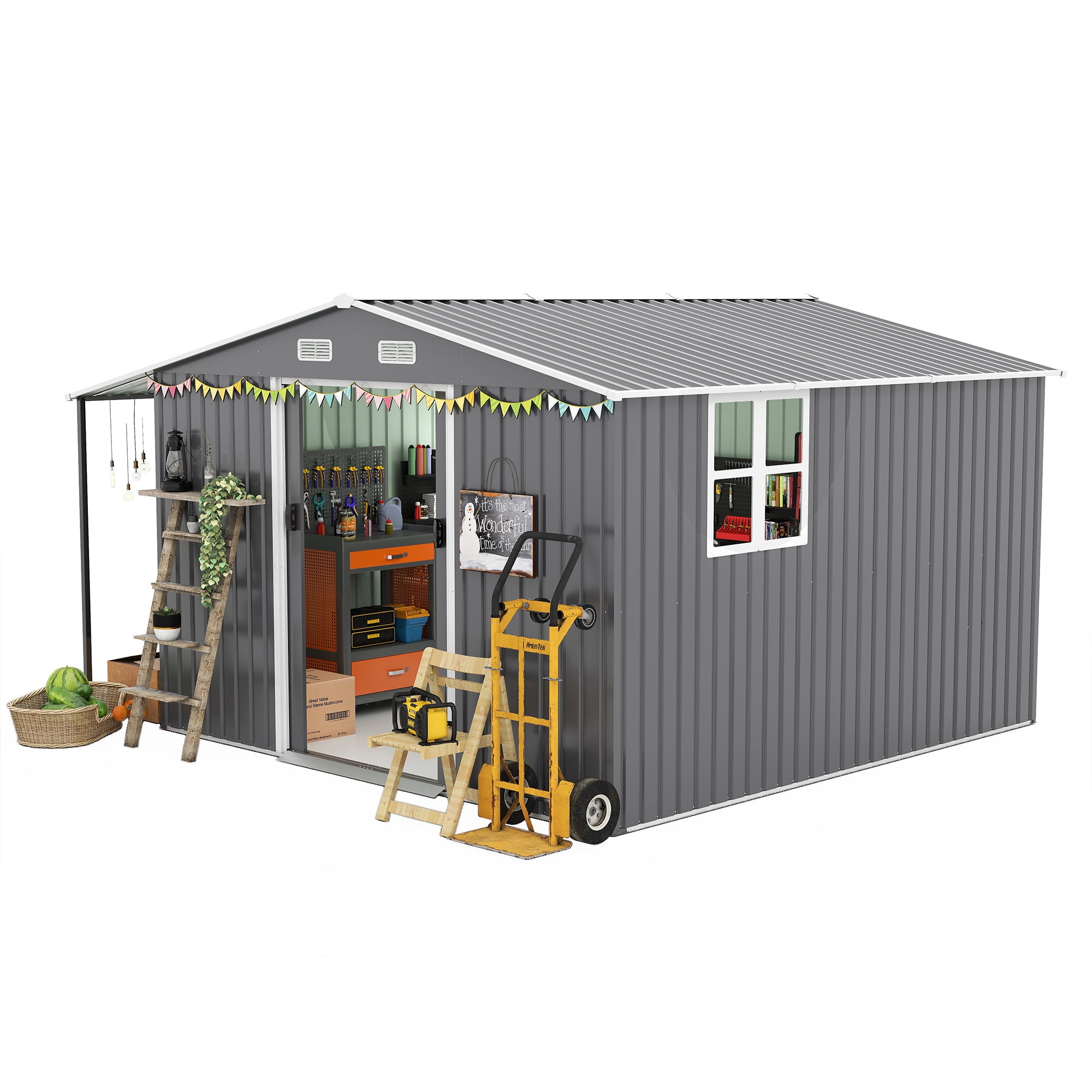 10x12 FT Outdoor Storage Shed - Extra Large Metal Shed with Dual-Zone Design, Sliding Doors & Ramp, Lockable Steel Tiny House for Garden/Backyard, Firewood Storage & Chicken Coops (Dark Gray)