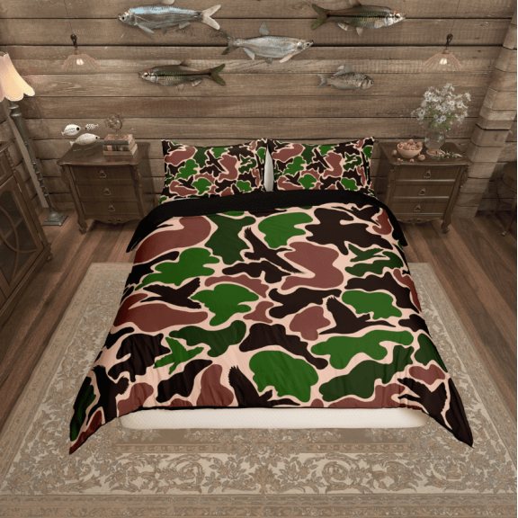 Erosebridal Brown Military Green Camo Comforter Cover Twin, Aesthetic Camouflage Bedding Twin Size, Reversible 2pcs (No Comforter)