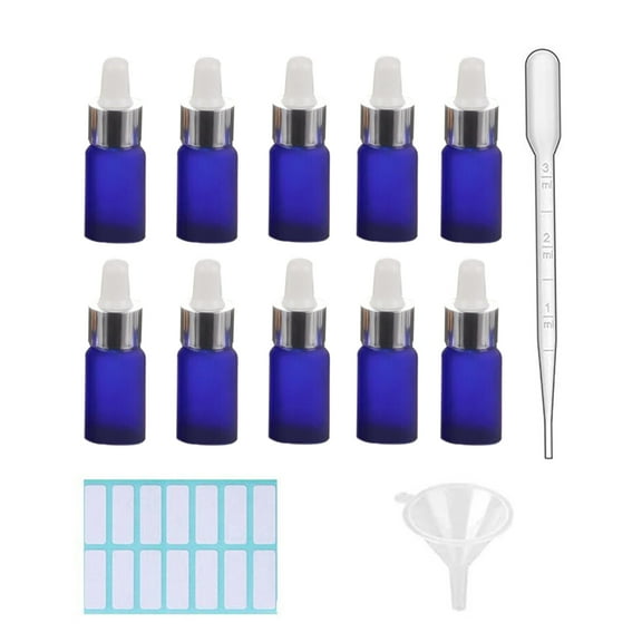 10Pack,Frosted Blue Glass Dropper Bottle for Essential Oils,Empty Glass Liquid Holder With Glass Eye Dropper,Silver Caps Travel Perfume Cosmetic Container-Pipette&Funnel&14 Labels included(5ml)
