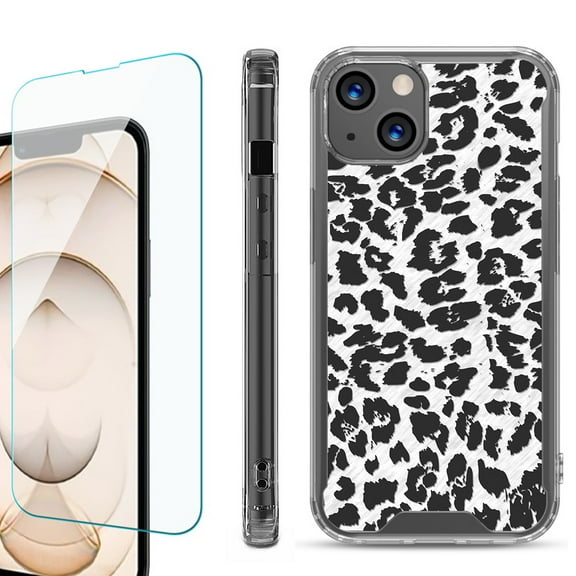 Shockproof Bumper Phone Case for iPhone 13, with Tempered Glass Screen Protector, by OneToughShield ® - Cheetah B/W