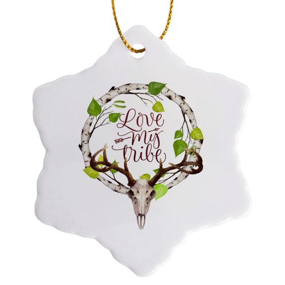 3drose, Animal Deer Seasonal Spring Greetings - Birch Floral Wreath - Love My Tribe, 3 inch Snowflake Porcelain Ornament