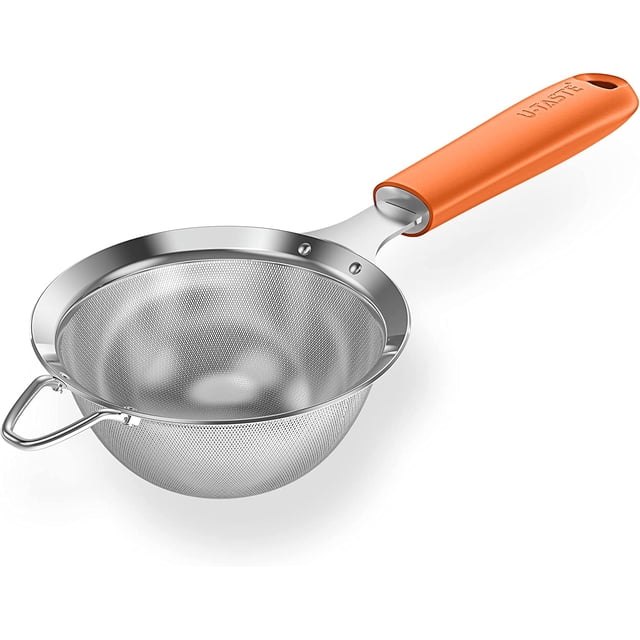 18/8 Stainless Steel Mesh Strainer: U-Taste 3.9 Inch Kitchen Fine Mesh Sieve Food Colander with Riveted Sturdy Silicone Handle and 30 Mesh Hole for Straining Flour, Pasta, Fruit, Quinoa (Orange)
