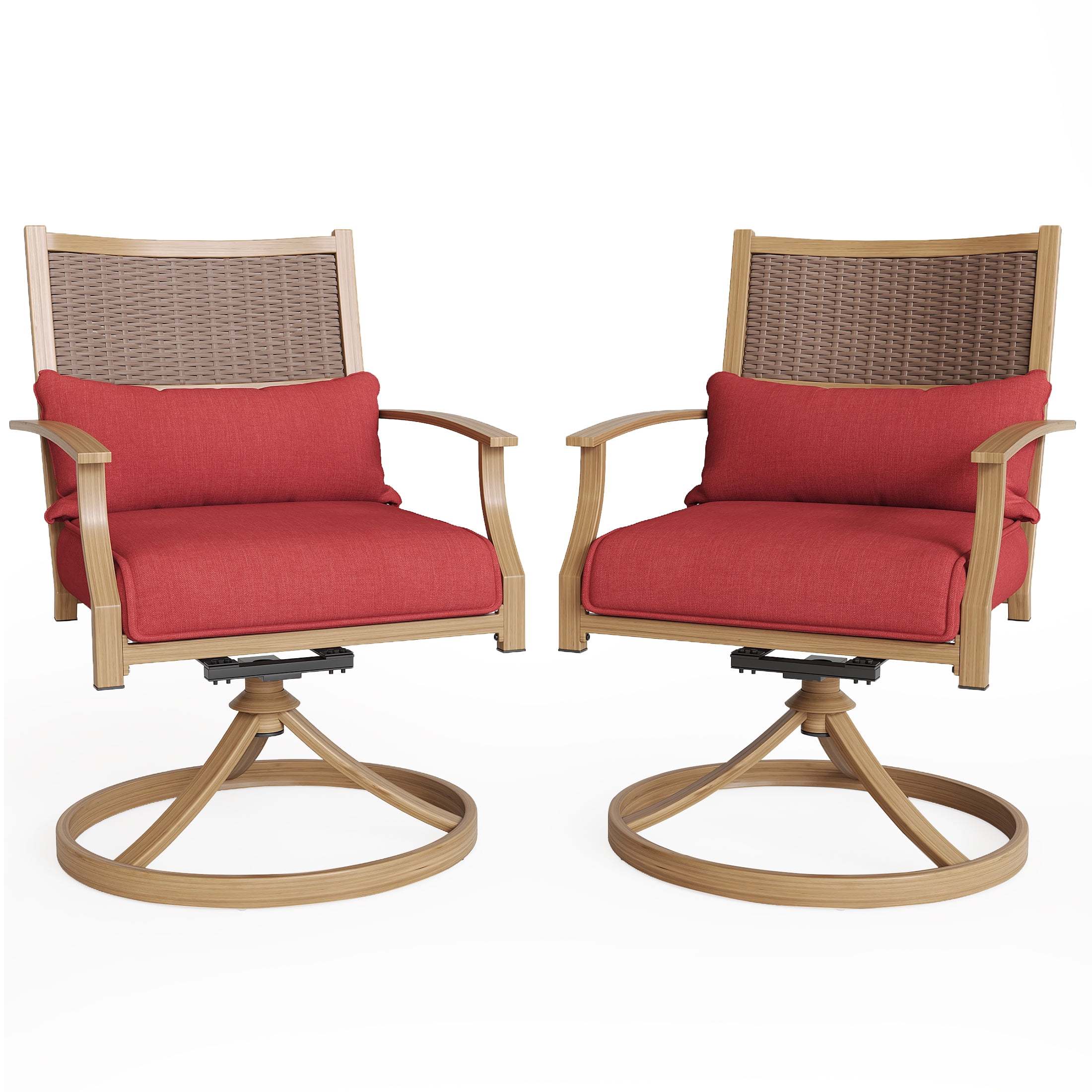 Poteban Patio Swivel Chairs Set of 2, Outdoor Dining Chairs with Deep Seat Cushion, All Weather Swivel Rocker Chairs with Hand-Painted Metal Frame, for Backyard Deck Lawn (Red)
