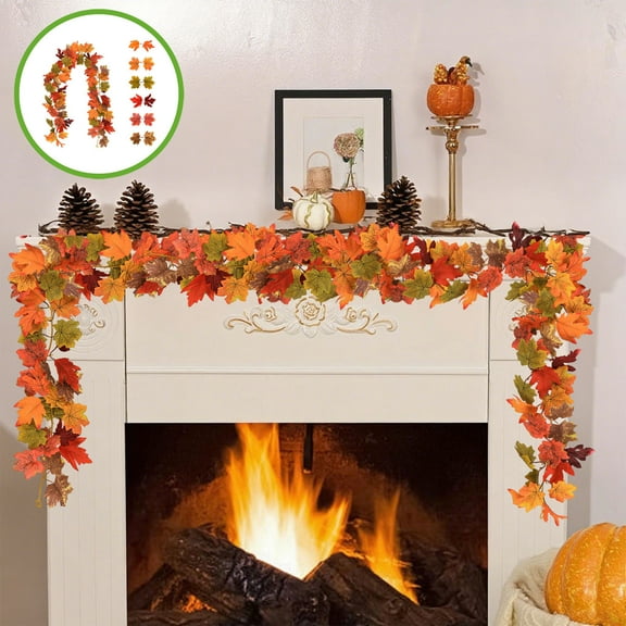 Sbnonk Halloween Thanksgiving Decorations Artificial Leaf Garland Rattan Hanging Pumpkin Maple Leaf Garland Indoor Home Halloween Christmas Party Fireplace Decorations（Beige）
