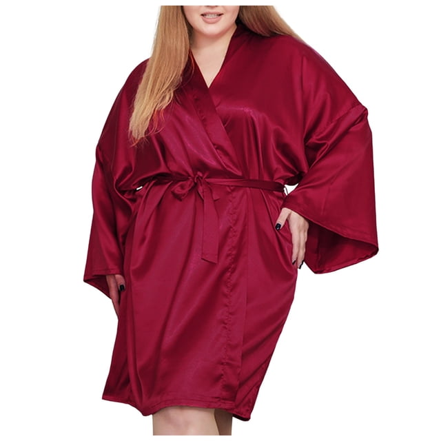 Bata kimono de satén para mujer talla grande - Ropa de dormir corta y sedosa - Cuello en V con cinturón - XL-4XL