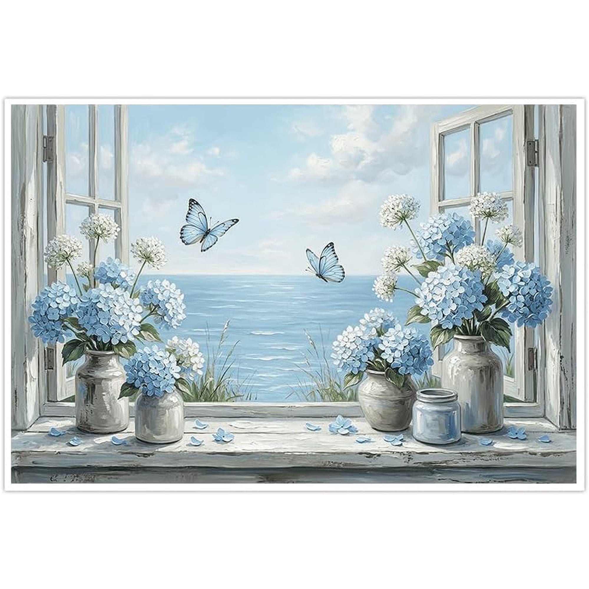 Blue Hydrangea Flowers Canvas Wall Art Ocean Beach Window View Poster Butterflies Coastal Painting Artwork for Living Room Bedroom Bathroom Farmhouse Modern Home