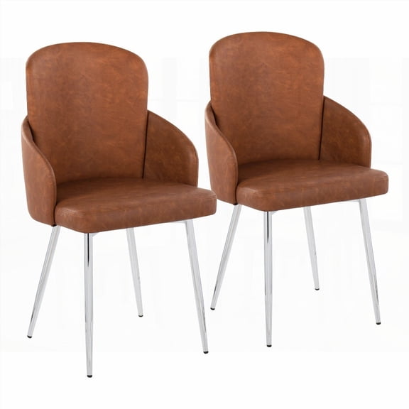 Set of 2 Contemporary Dining Chairs with Camel Faux Leather and Chrome - LumiSource