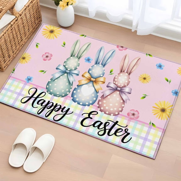 Entryway Rug 2'x3', Easter Bunny Small Rug for Kitchen Bathroom Door Mat Indoor Entrance, Spring Watercolor Polka Dot Flower Plaid Pink Non-Slip Area Rugs Floor Mats Carpet Front Door Rugs