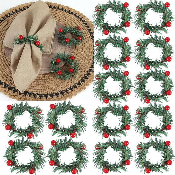 Jinswick 10 Pcs Christmas Napkin Rings Holly Berry Napkin Buckle Needles Wreath Pines Red Berries Candle Ring Wreath Holder for Xmas Birthday Wedding Thanksgiving Party Banquet Table Decorations