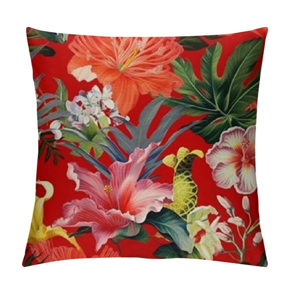 PRATYUS Throw Pillow Covers Colorful Amazing Tropical Hawaiian and Floral Design on Red with Blossom Hibiscus and Plumeria Collage Pillow Case for Couch Sofa Bed Chair 12x12in