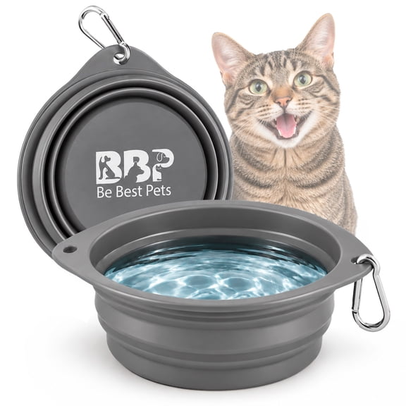 BE BEST PETS Collapsible Dog Bowl, 28 oz, Silicone Travel Pet Bowl with Carabiner Clip, Gray