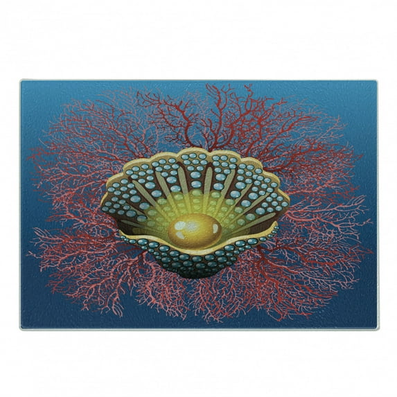 Pearls Cutting Board, Giant Majestic Unique Pearl Mussel and Ivy Coral Deep down in the Sea Art Print, Decorative Tempered Glass Cutting and Serving Board, Small Size, Blue Red Yellow, by Ambesonne