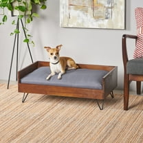 GDF Studio Cheval Mid Century Modern Acacia Wood Pet Bed with Cushion, Dark Oak and Dark Gray