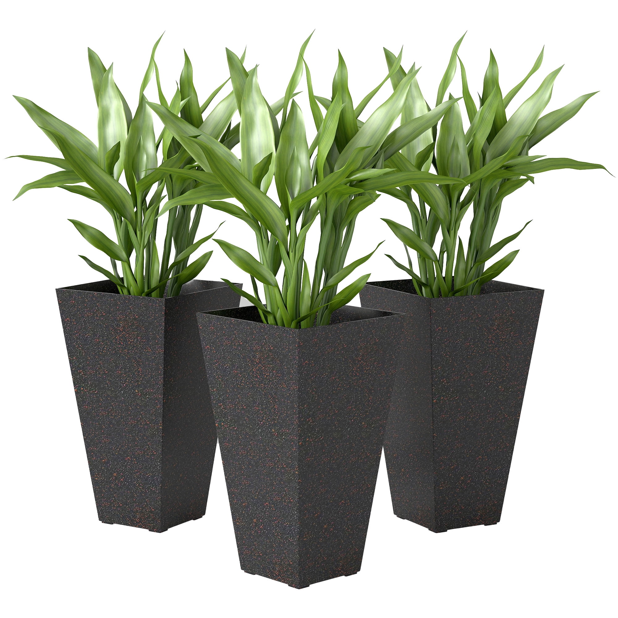 Outsunny 28" Tall Planters, Set of 3 Plastic Flower Pots with Marble Finish and Drainage Holes, Stackable Tapered Outdoor Planters, Brown