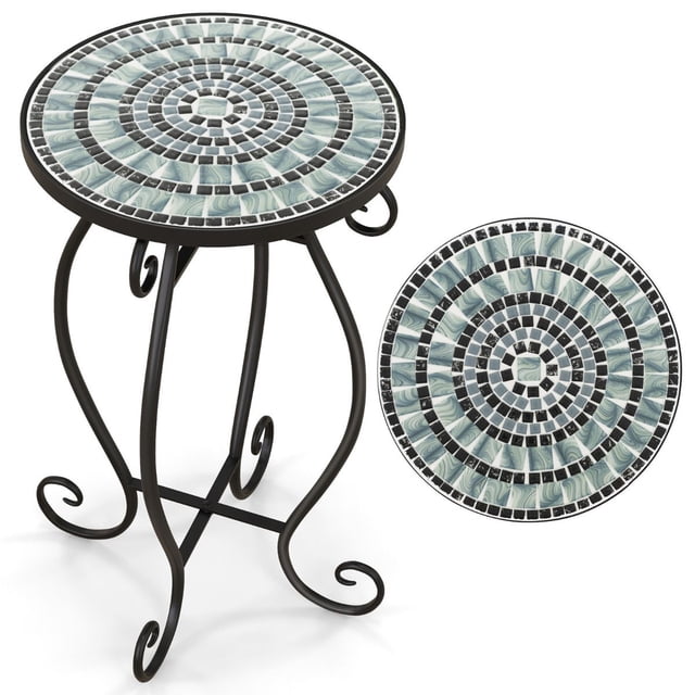 Costway Mesa Auxiliar Mosaico Exterior Mesa Redonda con Tablero de Cerámica Soporte para Plantas para Balcón Patio Jardín 30 x 30 x 50 cm Turquesa